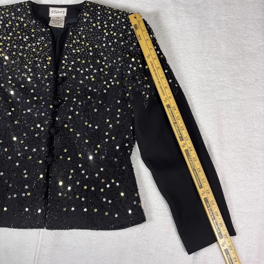 Stenay Sequin Beaded Jacket Womens 6 Black Gold Silver Evening Formal Vintage